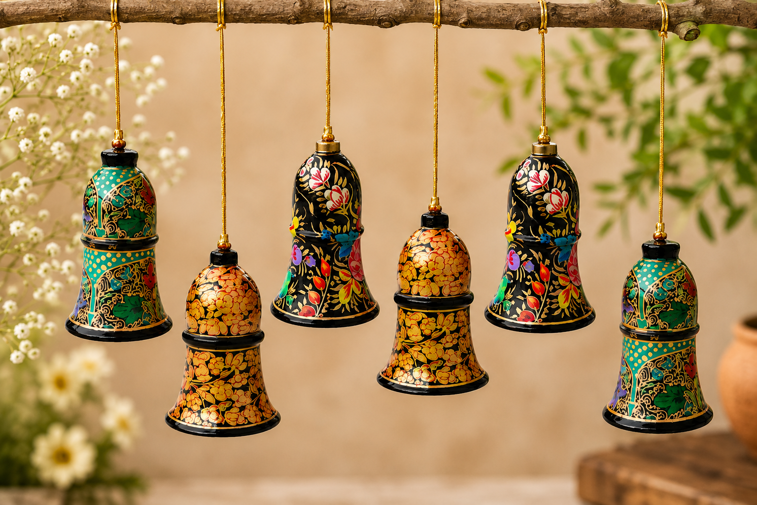 Set of Hanging Christmas Bells, Hand painted bells, Handmade Christmas ornaments, Handmade Christmas Bells, Paper mache hanging ornaments